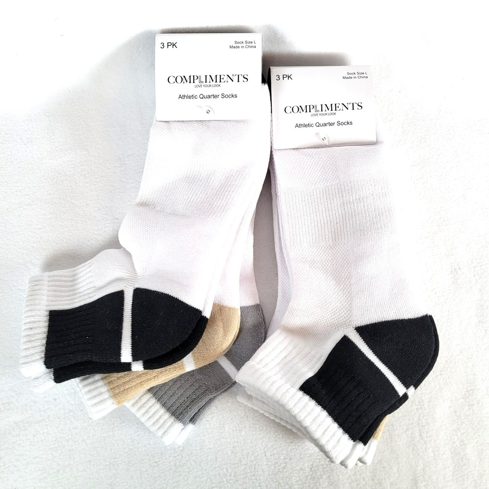 Complliments Womens Ribbed Athletic Quarter Ankle Socks 3pk Size Large White